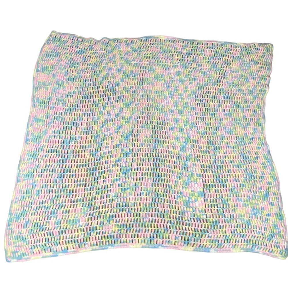Vintage rainbow pastel crochet afghan knitted blanket throw retro vtg unique